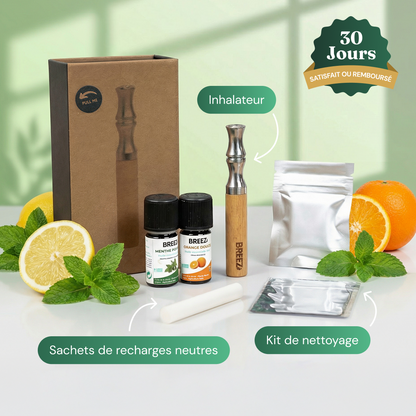Pack Breez complet : inhalateur, flacons d'huiles essentielles, sachet de recharges et kit de nettoyage