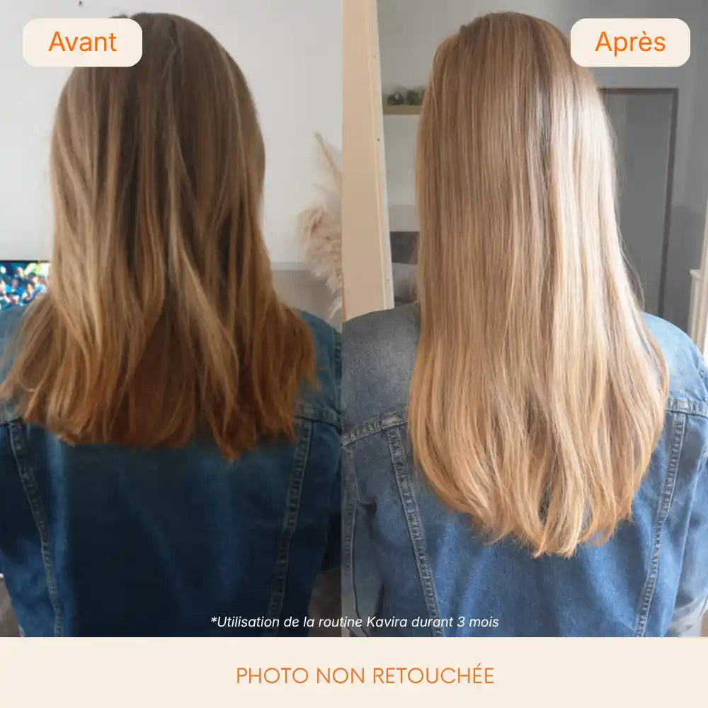 Avant / après de dos : cheveux plus longs et plus denses
